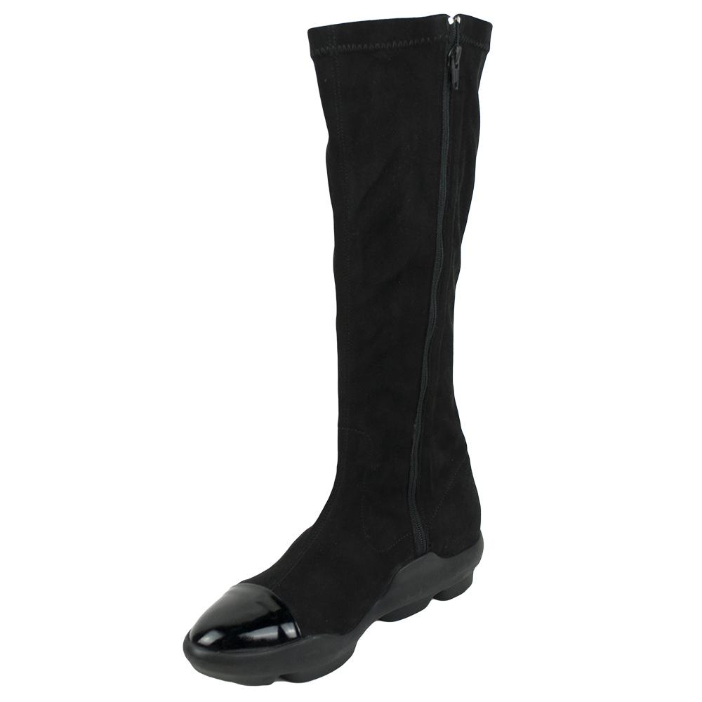 Women's black suede leather boots high with flat rubber sole Casual