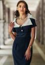 Rochie formală bleumarin cu talie înaltă și guler decupat Avangard 