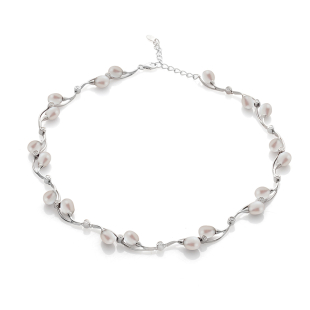 Silver necklace with natural white pearls and zircons IHL0043W Swan