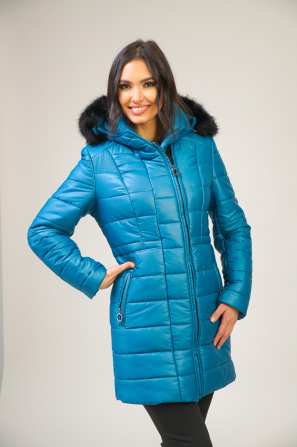 Women's winter jacket in blue green color with hood 22103-405