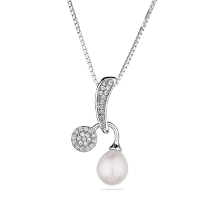 Silver necklace with natural white pearl and zirons CAA083NW Swan