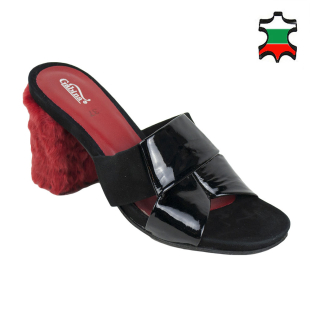 Women's black suede and patent leather flip-flops with fur heels