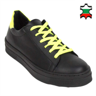Women's black leather trainers with yellow ties 34179