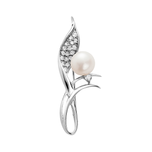 Silver leaf brooch with zircons and white freshwater pearl Swan