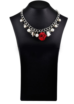 Necklace with Red Coloured Rose, Mother of Pearls, Silver Plated,  Lava Stone Chain-red rose Dannyra Jewels