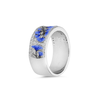 Silver ring with hand drawn blue flowers and zircons PJ547RSwan