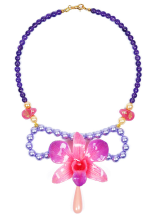 Колие с естествена орхидея, аметист, стъклени мъниста и перли Майорка Purple Beauty Dannyra Jewels