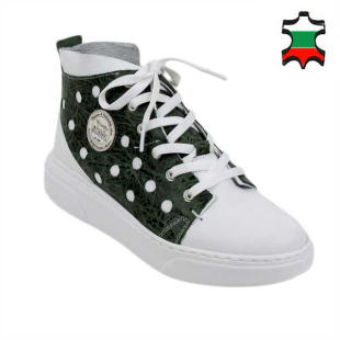 Women's sneakers made of genuine leather in white and green 21228