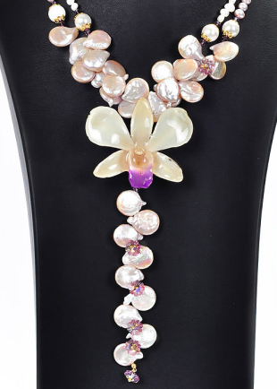 Колие с естествена орхидея, Swarovski, сладководни перли и седеф Maria's Bridal Necklace Dannyra Jewels