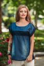 Ladies blouse blue denim fabric decorated with lace Avangard