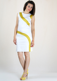 White elastic cotton dress with mustrad elements RUMENA