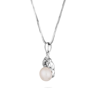 Silver necklace with natural white pearl and zircon IP0023W Swan