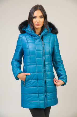 Women's winter jacket in blue green color with hood 22103-405