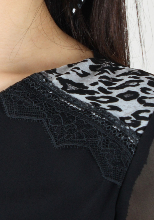 Black chiffon top with lace and printed inserts on shoulders BF RUMENA