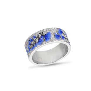 Silver ring with hand drawn blue flowers and zircons PJ547RSwan