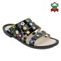 Women's black patent leather flip-flops decorated with flowers