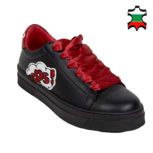 Women's black leather trainers with red satin ties 34180