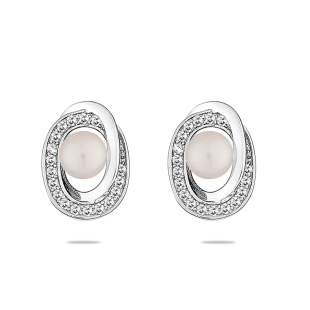 Silver earrings with zircons and freshwater white pearl LA675EW Swan