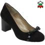 Women's elegant black suede leather shoes decorated with ribbons