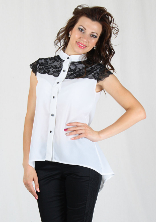 Women's white chiffon shirt with black lace RUMENA