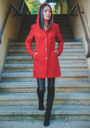 Women's coat in red color with hood 12106-600