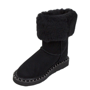 Women's black suede leather boots with lambswool lining 20486