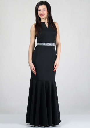 Evening black long dress with beads embellished belt BF RUMENA