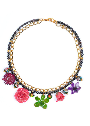 Колие с естествени цветя, перли, мъниста клоазоне и кристали Swarovski Silvana’s Spring In Pink Dannyra Jewels