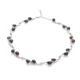 Silver necklace with natural black pearls and zircons IHL0043B Swan