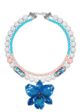 Колие с естествена орхидея, перли Майорка, мъниста клоазоне Blue Oriental Queen Dannyra Jewels