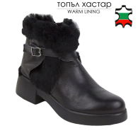 Women's black leather boots with rabbit fur collar 32781