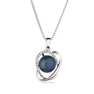 Silver necklace with natural black pearl and zircons CAA063NB Swan