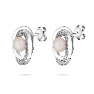 Silver earrings with zircons and freshwater white pearl LA675EW Swan