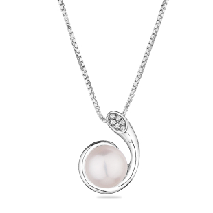 Silver necklace with natural white pearl and zircons CAA089NW Swan
