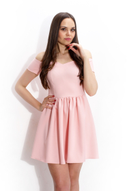 Dress peach color with fallen shoulders and cut skirt