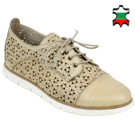 Women's beige leather shoes with flowers perforation