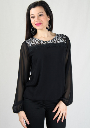 Black chiffon top with lace and printed inserts on neck RUMENA