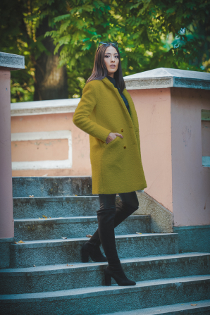 Elegant winter coat boucle in mustard color 12110-321