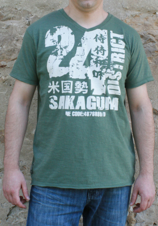 Green V-neck t-shirt