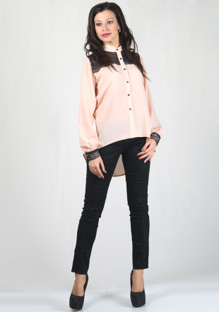 Elegant light peach shirt with black lace RUMENA