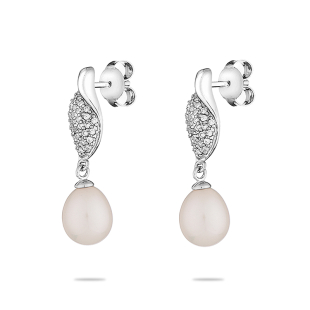 Silver earrings with zircons and freshwater white pearl LA526EW Swan