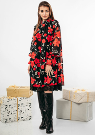 Evening dress of large red flowers with lining and belt  Avangard