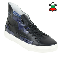 Women's leather sport boots in black with purple patches and high collar