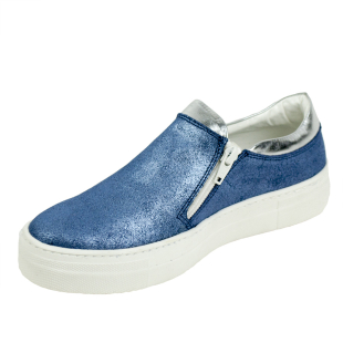 Women's blue leather flat sport shoes 653blue