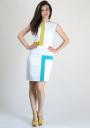 White dress with mustard and green geometric element RUMENA