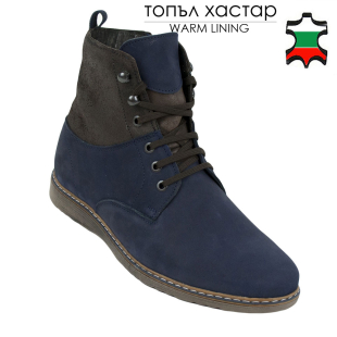 Men's dark blue suede leather boots with brown collar 20507