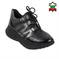 Women's sneakers made of black patent leather, black perforated leather and nickel-colored leather 21231