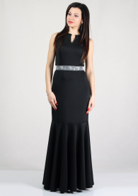 Evening black long dress with beads embellished belt BF RUMENA