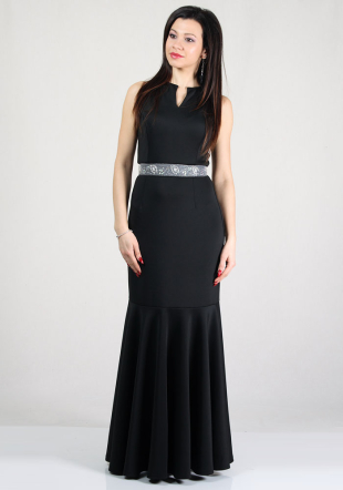 Evening black long dress with beads embellished belt BF RUMENA