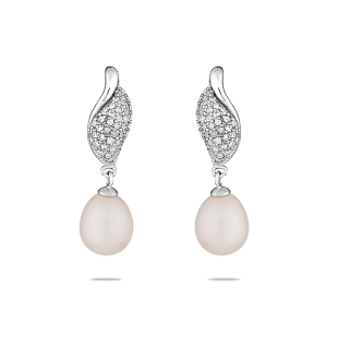 Silver earrings with zircons and freshwater white pearl LA526EW Swan